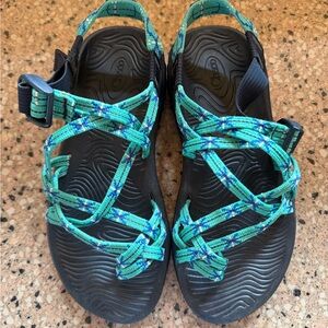 Chaco Aqua and Black Adventure Sandals